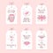 Valentine's day badge collection with lettering, pastel colors on whine background