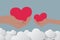 Valentine`s day balloons in a heart shaped flying over grass view background, paper art style. vector illustrator