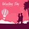 Valentine`s Day banner with couple in love, palms and air balloon on the pink background.