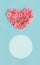 Valentine`s day banner.Holiday card with a heart of pink roses on a blue background.Congratulation.Creative.diy.Women`s day.Moth