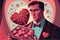 Valentine’s Day banner, romantic man in love holding gift, illustration