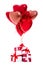 Valentine`s day or birthday concept - gift boxes with red balloons isolated on white