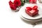 Valentine`s day or birthday dinner. Elegance table setting with champagne and red rose