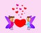Valentine`s Day. Boy and girl elf. Love cards. Red and pink folded hearts. Vector illustration background