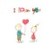 Valentine\'s Day. Boy gives the girl a balloon heart. Text I Love You. Hand drawn card.