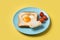 Valentine\\\'s Day breakfast with egg with tomatoes, heart shaped and toast bread