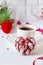 Valentine`s Day breakfast, heart shaped cookies and coffee