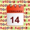 Valentine`s day, calendar icon on pattern with colorful hearts.