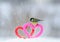 Valentine`s day card with the bird is on the border of two knitted decorative elements hearts are in the snow in the Park