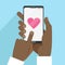Valentine`s Day card with black male hands holding smart phone with heart in flat cartoon style. Social media