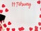 Valentine`s day card. Composition with gifts, red hearts, mpbile phone and sign 14 February on white surface