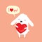 Valentine`s Day card with cute cartoon bunny rabbit holding heart