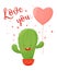 Valentine's day card. Cute cartoon cactus with heart shaped balloon and lettering.