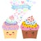 Valentine`s Day Card design with Kawaii cake with pink cheeks and winking eyes, pastel colors on white background. Vector