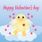 Valentine`s Day card with duck angel and hearts