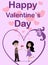 Valentine\\\'s Day card. Pink childrens greeting card. The guy gives flowers to the girl. Arch in the form of a heart