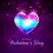 Valentine`s day card, rainbow shining heart on magenta, violet background with bright lights. Happy valentine day banner