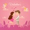 Valentine\\\'s day card vector illustration. Cute couple in love with cupid angels