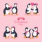 Valentine\\\'s day card vector illustration. Cute penguins couple character set