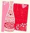 Valentine`s Day card with wine bottle, hearts, and handwritten love phrases