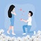 Valentine`s Day cartoon character with a cute couple in love, man proposing to the woman kneeling vector