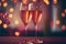 Valentine\\\'s day celebration toast, pink champagne glasses close up, bokeh lights background. AI generative