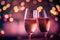 Valentine\\\'s day celebration toast, pink champagne glasses close up, bokeh lights background. AI generative