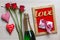 Valentine`s Day, Champagne, hearts, gift box, decoration, card