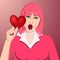 Valentine`s Day. Charming pretty nice, comic, funny, modern, cheerful, laughing girl  on a pink background.