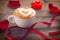 Valentine`s Day coffee with heart on foam