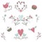 Valentine`s Day collection. Vector birds, hearts,flowers and other elements. Hand drawn. Simple and cute