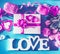 Valentine`s day composition with love letters, heart, romantic gift box, party accessories and roses in neon color, top view, fla