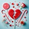 Valentine\\\'s Day Concept, Broken Red Lollipop Heart on Pastel Blue, Top View Card. Generative ai for illustrations