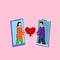 Valentine s day concept in the distance. LGBT couple communicates via smartphone. Postcard about love. Image of women, phones,