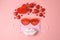 Valentine`s day concept  with medical face mask and heart shape. Coronavirus protection minimal concept