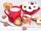 Valentine`s Day concept / red cup of coffee and biscuits shaped