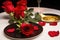 Valentine\'s day concept. Red roses on a black plate.