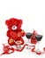 Valentine`s Day concept. Red teddy bear with red wine and heart shaped candle with red ribbon on isolated white background.