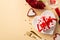 Valentine`s Day concept. Top view photo of heart shaped plate with giftbox candles knife fork wine bottle wineglass bouquet of re