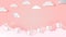 Valentine`s day concept with white paper hearts flying on soft pink background and giftboxes on clouds, Paper cut style, Vector