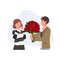 Valentine's day concept. A young man holds a beautiful bouquet of red roses and give it to a woman. showing his love