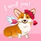 Valentine`s day corgi dog card. Cute Cupid Welsh corgi puppy in love, with wings, red rose wreath on head, holding pink heart