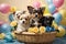 Valentine\\\'s day. Cute dogs inside a straw basket.
