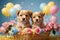Valentine\\\'s day. Cute dogs inside a straw basket.