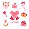 Valentine`s day cute elements set. Heart, letter, ring with diamond, lollipop, bouquet isolated on white background. Vector flat