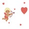Valentine`s day: cute little boy Cupid holds an arrow bow and aims at the red heart on a white background