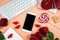 Valentine's Day desktop accessories mockup. Top view flat lay blog hero header.