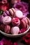 Valentine\\\'s Day dessert idea, delicious pink macarons on a platter, sweet romantic gift