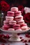 Valentine\\\'s Day dessert idea, delicious pink macarons on a platter, sweet romantic gift