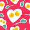 Valentine`s Day eggs hearts seamless pattern. Fried eggs and pans background in flat cartoon style. Vector illustration